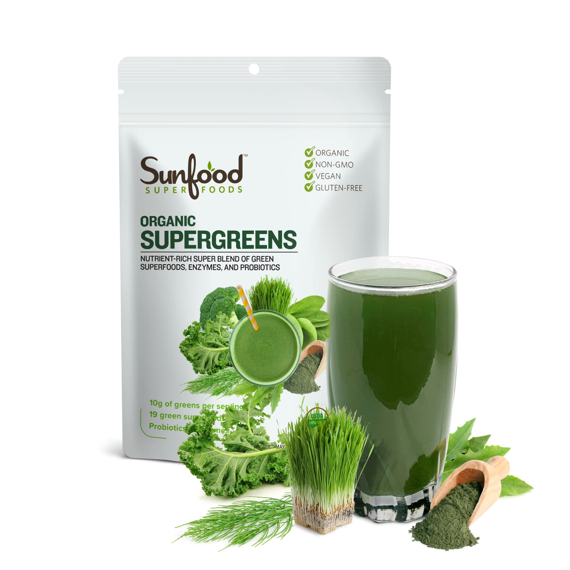 Sunfood Superfoods Super Greens Powder | 8 oz, 22 Servings | Organic Green Juice/Smoothie Mix w/Digestive Enzymes & Probiotic for Gut Health